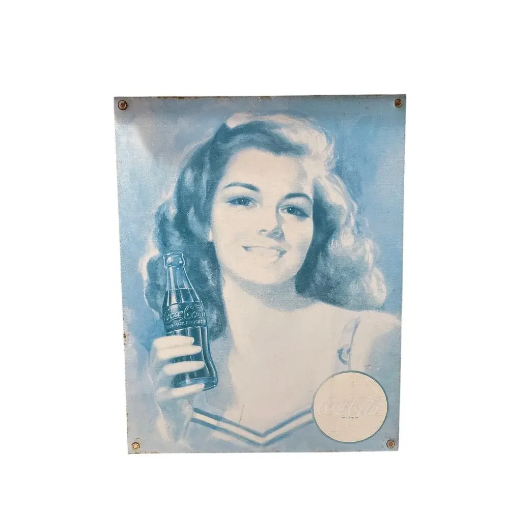 Sign Coca-Cola Beautiful Brunette Metal Tin Desperate Enterprises Blue